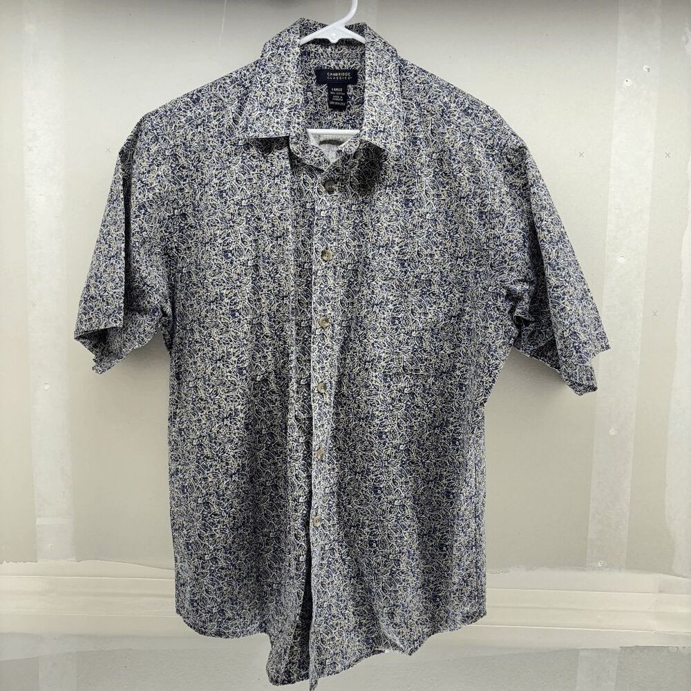 Cambridge Classics Button Up Shirt Mens SIZE L Blue Flower Tropical Short Sleeve